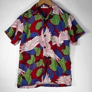 Vintage Hawaiian Hot Shirt Small Red Crane Bird Floral Aloha Button Up USA Made